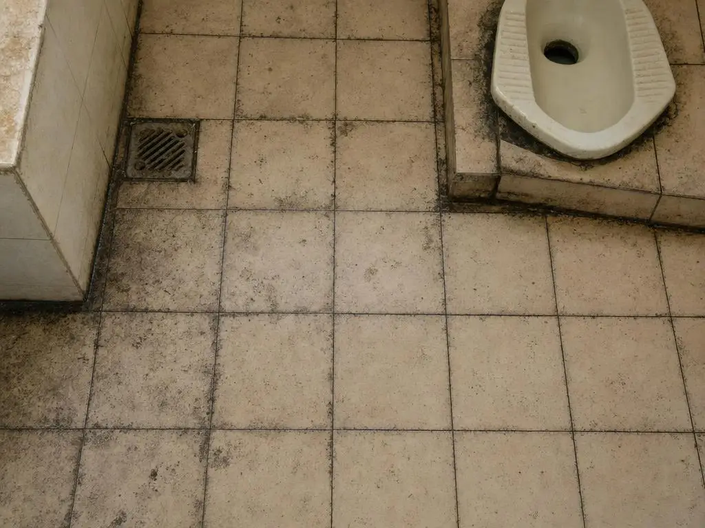 Lantai kamar mandi dengan nat menghitam oleh jamur dan lubang saluran berkerak