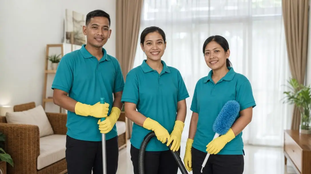 Tiga petugas kebersihan Folclean berseragam teal berdiri menghadap kamera di ruang tamu yang baru dibersihkan