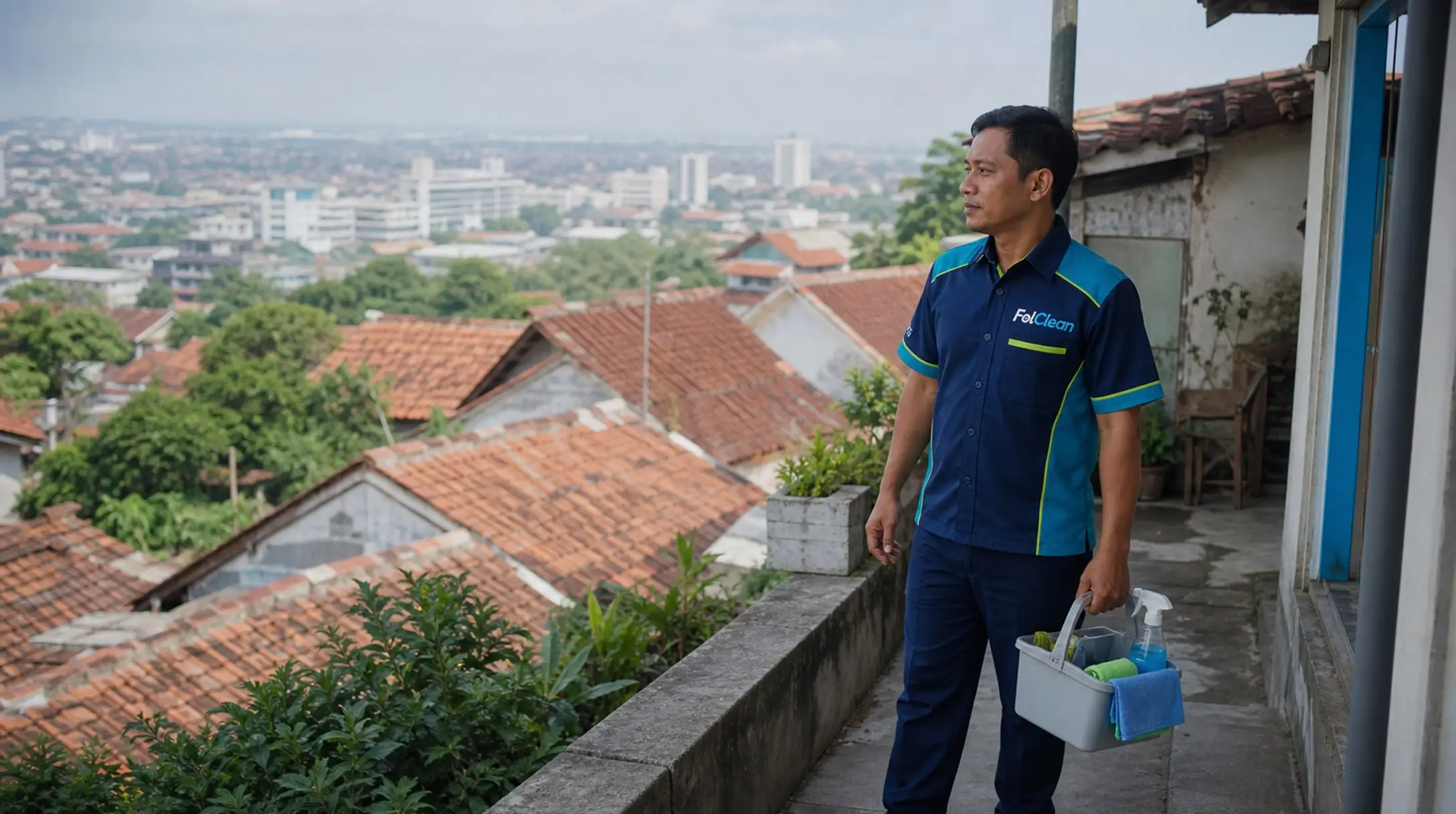 Pemandangan Semarang dari arah perbukitan, gedung bertingkat di dataran pantai dengan atap kampung di depannya