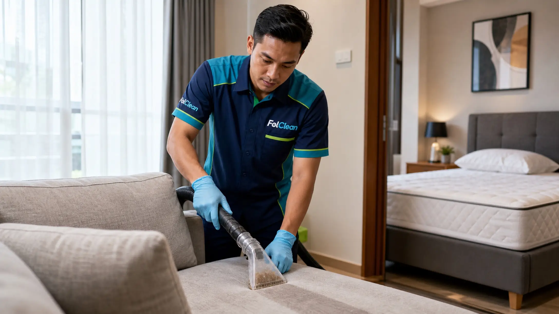 Petugas bersarung tangan membersihkan dudukan sofa kain dengan mesin ekstraksi, kasur terlihat di ruang tidur sebelah