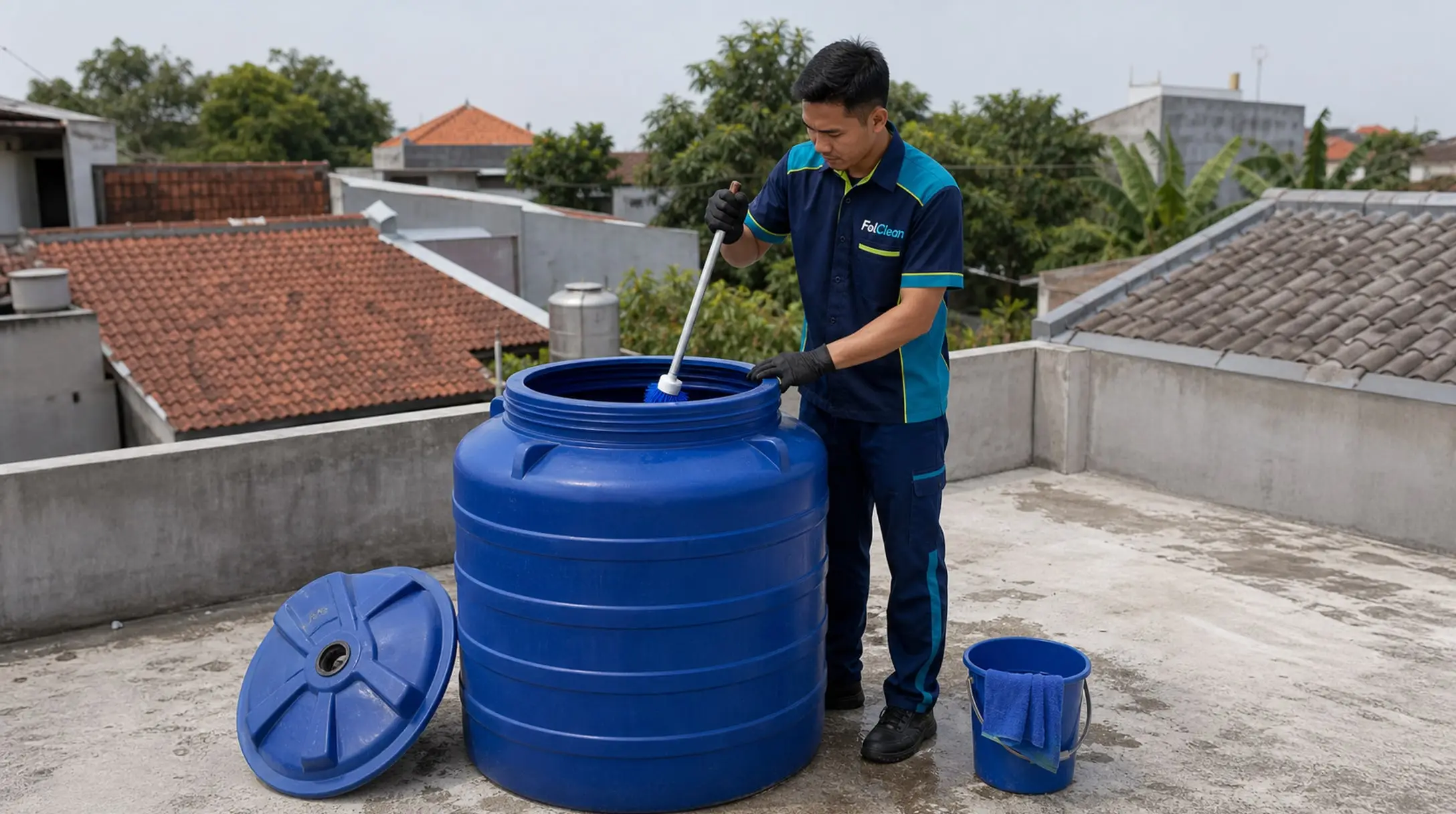 Petugas menyikat bagian dalam toren air di atas dak beton, endapan terlihat menempel pada dinding toren