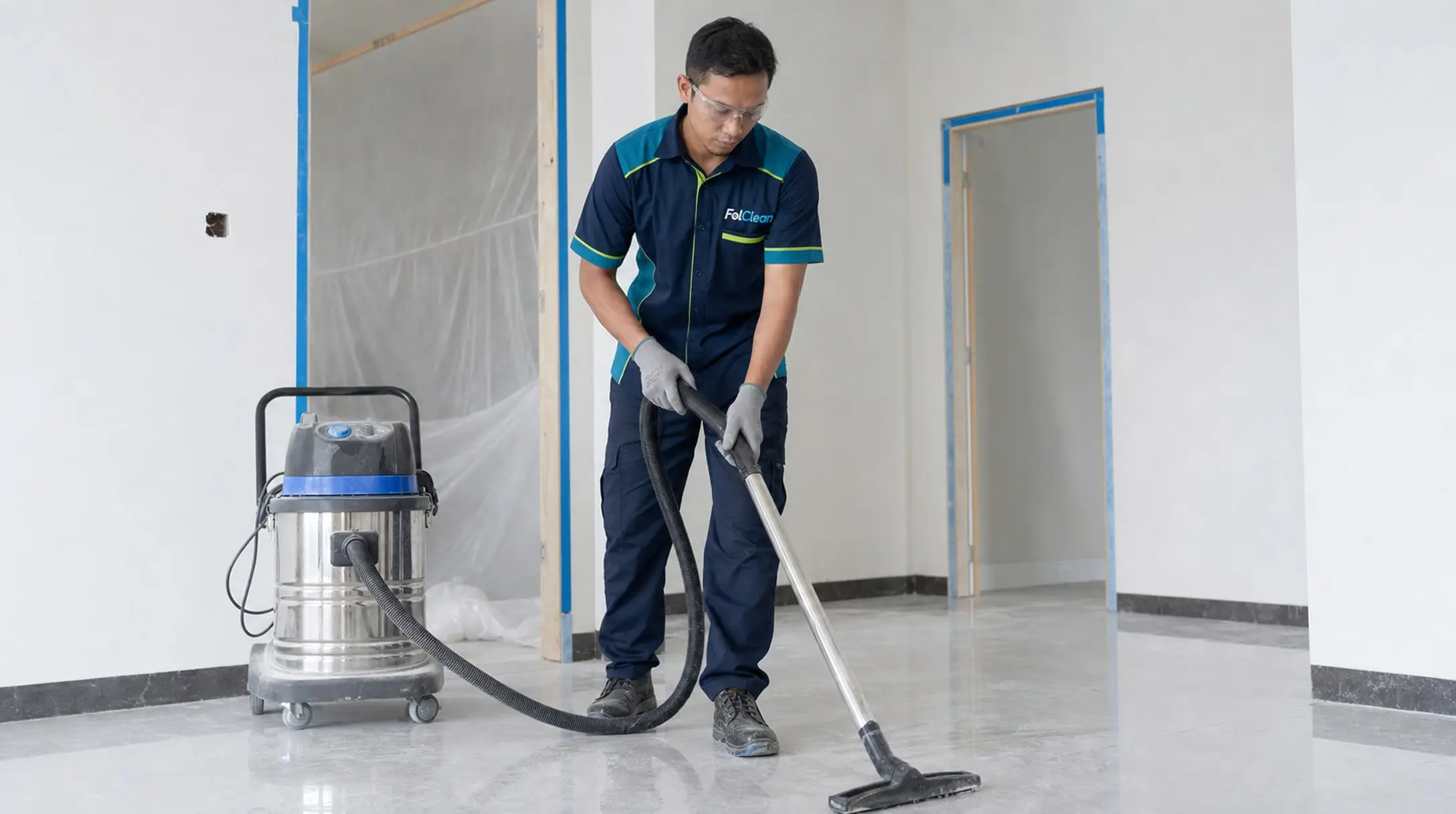 Petugas menyedot debu semen dari lantai rumah yang baru selesai direnovasi