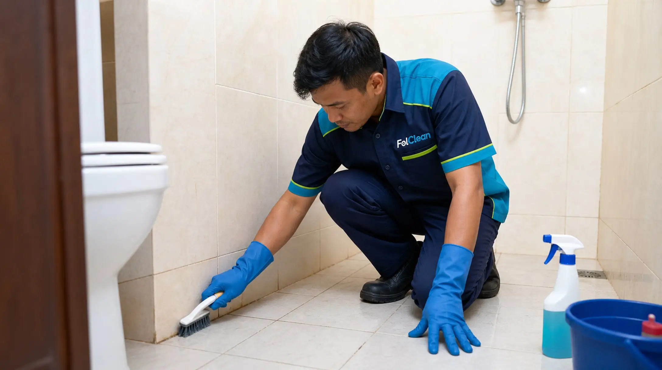 Tangan bersarung tangan menyikat kerak kapur pada dinding keramik kamar mandi berbak mandi