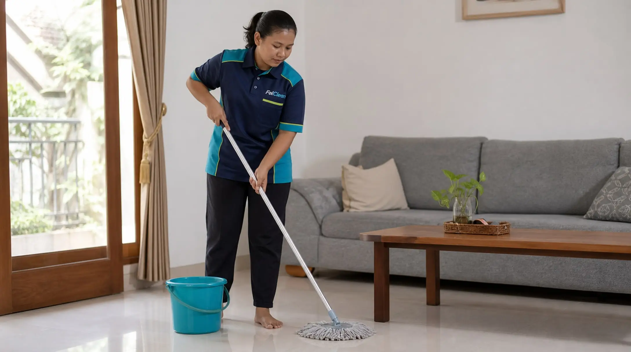 Petugas mengepel lantai keramik ruang tamu, lantainya memantulkan cahaya dari jendela berkorden tipis