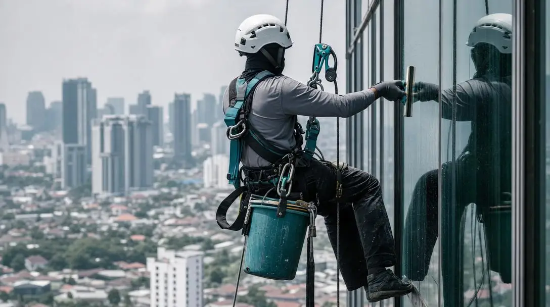 Teknisi akses tali membersihkan kaca gedung bertingkat, mengenakan helm dan harness lengkap dengan dua tali