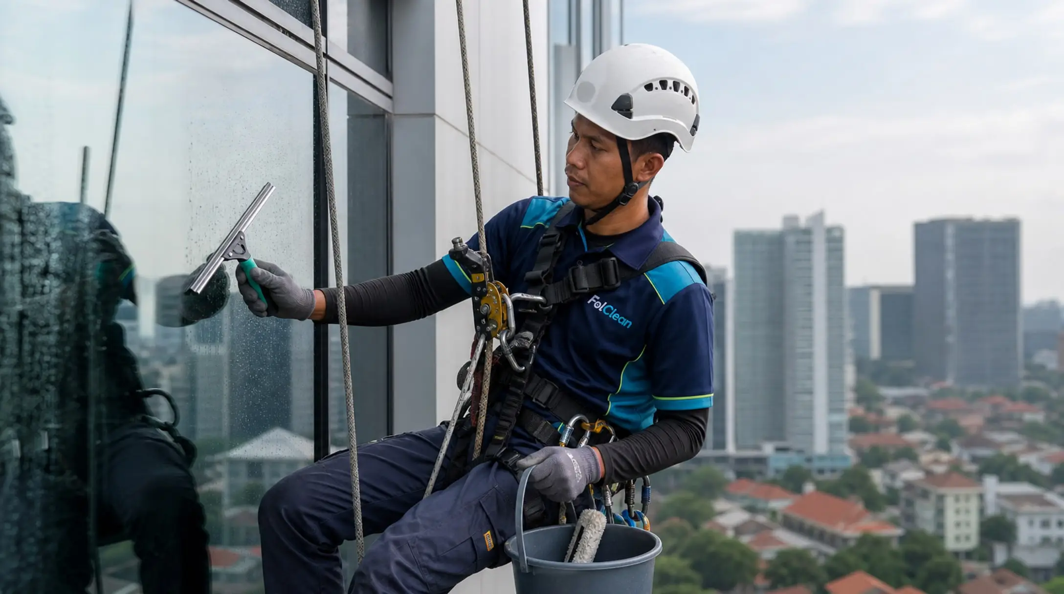 Teknisi akses tali membersihkan kaca gedung bertingkat, mengenakan helm dan harness lengkap dengan dua tali